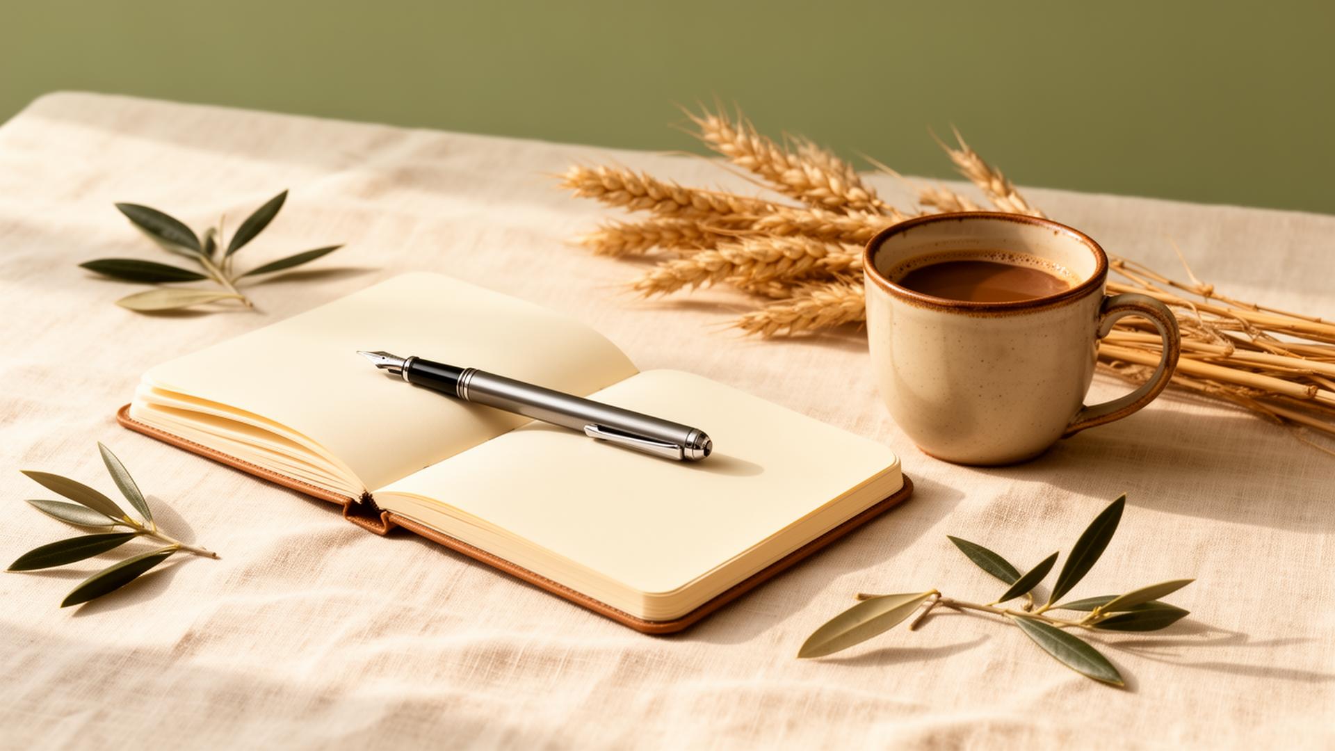 Notebook, fountain pen, and warm coffee on a linen surface